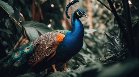 A vibrant peacock stands gracefully among lush tropical leaves, showcasing its stunning feathers in a rich display of colors. A perfect capture of nature's elegance.の素材