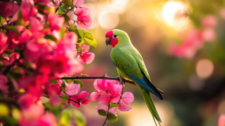 A stunning green parrot sits gracefully on a branch surrounded by vibrant pink flowers, bathed in soft natural light that enhances the beauty of the scene.の素材