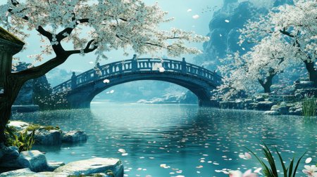 A stunning cherry blossom landscape featuring a graceful bridge over calm waters, surrounded by blooming trees, creating a peaceful and picturesque scene in nature.の素材