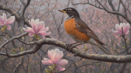 A beautifully detailed image of a vibrant bird resting on a branch amidst blooming flowers. The serene scenery captures the essence of nature in spring.の素材