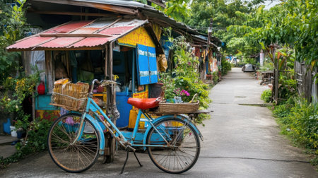 A charming vintage bicycle rests near colorful market stalls, emphasizing the lively atmosphere of a local neighborhood. Perfect for travel and lifestyle themes.の素材