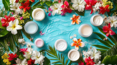 A stunning flat lay composition featuring skincare products encircled by lush tropical flowers and vibrant green leaves on a bright blue background, perfect for beauty themes.の素材