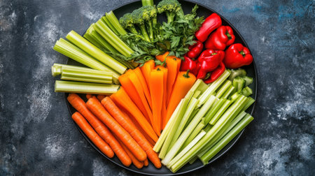 A stunning arrangement of fresh raw vegetables including celery, carrots, bell pepper, and broccoli on a dark background, perfect for healthy lifestyle imagery.の素材