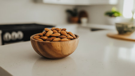 A beautiful arrangement of fresh almonds in a wooden bowl sits on a clean kitchen counter, illuminated by natural light, highlighting the rustic charm and health benefits of the nuts.の素材