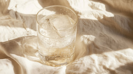 A refreshing glass of sparkling water with ice cubes rests on a soft fabric surface, beautifully illuminated by warm sunlight, evoking a calming and serene ambiance.の素材