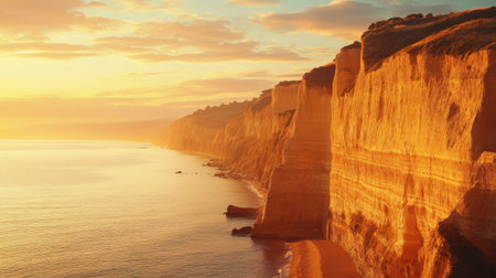 Experience the majesty of nature in this stunning coastal scene featuring golden cliffs illuminated by a vibrant sunset, reflecting on calm waters and evoking tranquility.の素材