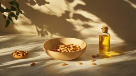 A serene still life arrangement featuring a wooden bowl filled with almonds and a bottle of natural almond oil, illuminated by soft shadows and warm lighting.の素材
