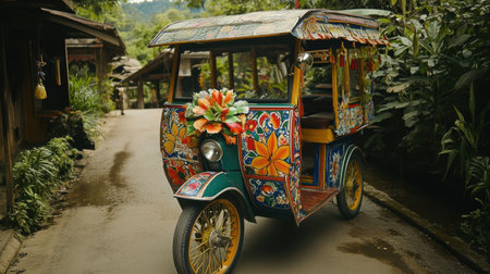 A vibrant tricycle adorned with colorful designs stands on a scenic pathway, surrounded by lush greenery and traditional wooden structures. A perfect travel scene.の素材