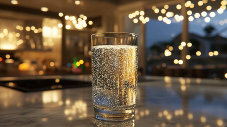 A clear glass filled with sparkling water sits on a marble table, illuminated by soft bokeh lights in the background, creating a serene and inviting environment.の素材