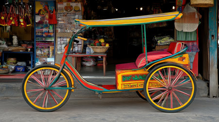 A vibrant traditional rickshaw parked near a shop in an Asian marketplace. This colorful vehicle highlights unique craftsmanship and reflects local culture and charm.の素材