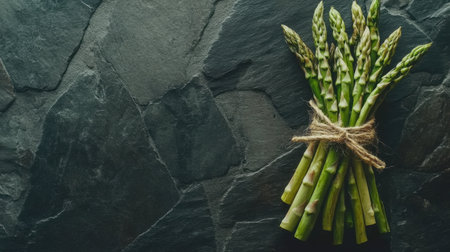 This image showcases fresh asparagus tied with natural twine on a dark stone surface, perfect for highlighting healthy cooking, organic cuisine, and natural food.の素材