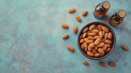 A close-up image featuring a rustic bowl filled with almonds alongside two bottles of essential oil on a textured blue background, ideal for health and culinary concepts.の素材