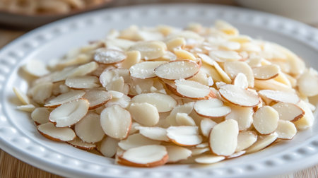 A beautiful close-up of freshly sliced almonds presented on a white plate, perfect for healthy snacking, cooking, or adding to a variety of dishes for nutritious flavor.の素材