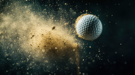 A striking image showcasing a golf ball in dynamic motion, capturing the moment of impact with dust and debris flying against a dramatic dark backdrop.の素材