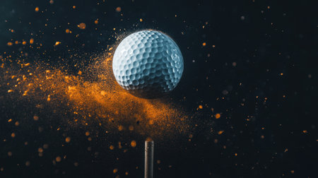 A dynamic shot capturing the moment a golf ball strikes the tee, causing a burst of dust to explode, illustrating the power and energy of sports action.の素材