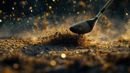A stunning close-up of a golf club making contact with the ground, sending dust and particles into the air, capturing the intensity and motion of the sport.の素材