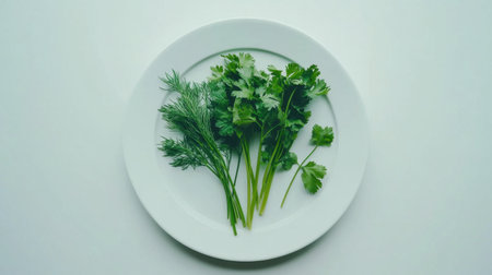 This image displays fresh green herbs, including dill and cilantro, arranged on a white plate, ideal for culinary inspiration and healthy recipe development.の素材