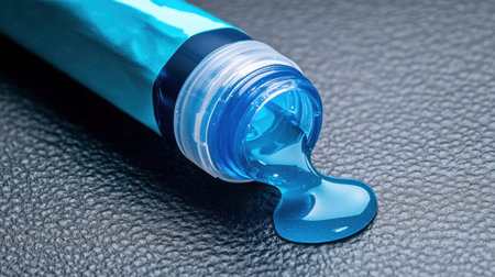 This image features a close-up of vibrant blue gel spilling from a tube onto a dark surface. It highlights the rich texture and glossy finish ideal for art or cosmetic purposes.の素材