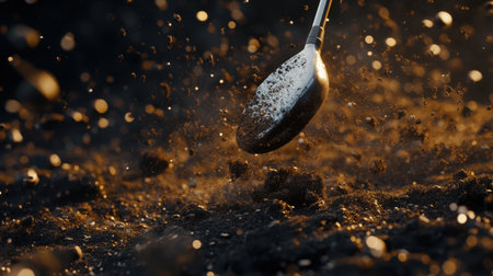 This dynamic image of a golf swing captures the moment the club strikes the ground, sending sand flying, with sunlight creating a magical atmosphere.の素材