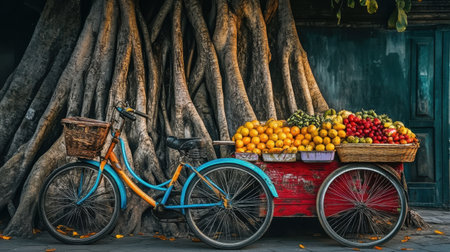 A charming bicycle with a fruit-laden cart rests against a majestic tree, showcasing urban vibrancy and the beauty of local markets in a breathtaking setting.の素材