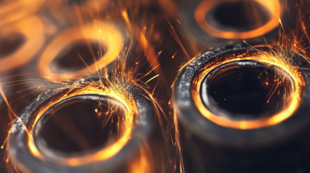 This close-up image showcases glowing metal rings with sparks flying around them, highlighting the artistry and intensity of metalworking in an industrial setting.の素材