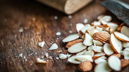 A beautiful shot of chopped and sliced almonds scattered on a rustic wooden surface alongside a knife and rolling pin, perfect for cooking and baking activities.の素材