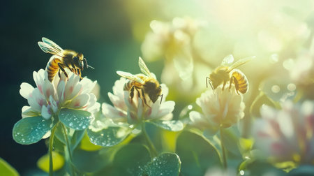 Honey bees engage in pollination on white clover flowers, surrounded by dew drops under soft natural light, showcasing the beauty of nature and the ecosystem.の素材
