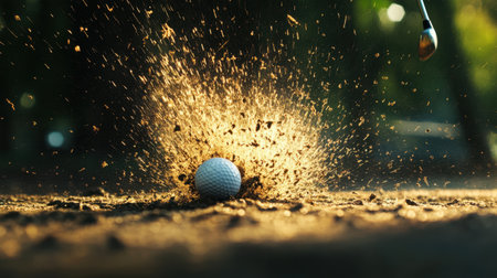 Captivating image of a golf ball being hit by a club, with dirt flying in the air under the golden sunlight. Perfect for promoting sports, recreation, and outdoor activities.の素材