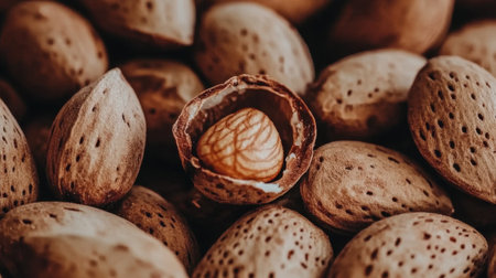 This close-up image features raw almonds with one shell opened, revealing the nut inside. The earthy tones and textures highlight the natural beauty of this nutritious snack.の素材
