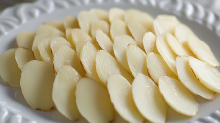 A close-up view of freshly sliced raw potatoes arranged beautifully on a white plate, emphasizing their smooth texture and culinary potential for various dishes.の素材