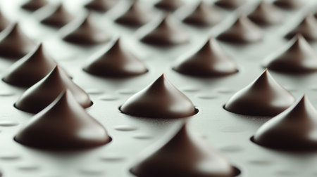 This macro shot showcases perfectly arranged chocolate drops with a shiny surface, ideal for baking enthusiasts and dessert recipe inspirations.の素材