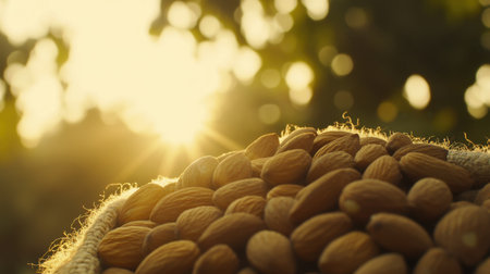 A warm sunset illuminates a burlap sack filled with almonds, highlighting the beauty of nature and agriculture while showcasing the nutritious food source in a cozy setting.の素材