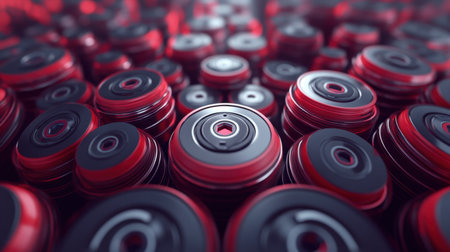 A captivating close-up view of red and black gym weights stacked together, representing fitness and strength training concepts in a modern gym environment, ideal for motivational content.の素材