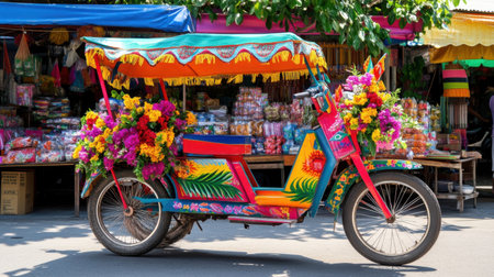 Explore the charm of a colorful tricycle taxi adorned with flowers, set against a lively market backdrop that captures the essence of local culture and vibrant craftsmanship.の素材