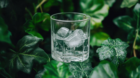 A clear glass filled with ice cubes sits amidst lush green leaves, offering a refreshing and natural feel perfect for showcasing hydration and summer vibes.の素材