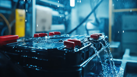 A striking close-up of an automotive battery with water flowing over its surface, captured in an industrial environment, emphasizing the significance of regular maintenance and inspection.の素材