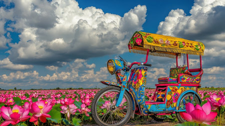 A vibrant and colorful rickshaw stands proudly in a vast lotus flower field, set against a backdrop of dramatic clouds, highlighting the beauty of nature and culture.の素材