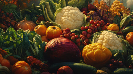 A vibrant display of farm-fresh produce showcasing an array of pumpkins, vegetables, and seasonal harvest items. Perfect for culinary, health, and agricultural themes.の素材