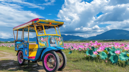 A vibrant rickshaw is parked amidst a beautiful field of blooming lotus flowers, set against a dramatic sky and majestic mountains, showcasing cultural charm and serenity.の素材