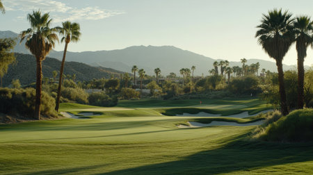 A tranquil golf course scene featuring lush green fairways surrounded by palm trees and majestic mountains, bathed in warm afternoon sunlight, ideal for relaxation.の素材