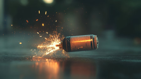 A mesmerizing close-up image depicting a triggering device producing sparks on the ground, capturing the raw energy and dynamic motion in an urban setting.の素材