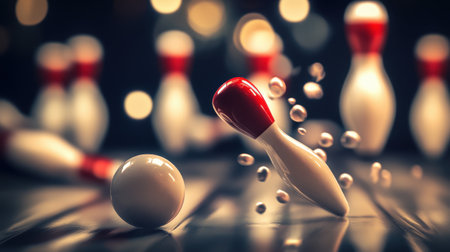 This dynamic bowling scene showcases a rolling ball and flying pins in motion, capturing the excitement of the game in a vibrant and engaging setting.の素材
