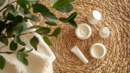 Discover a serene beauty setting featuring skincare products surrounded by natural elements, perfect for a calming self-care routine or wellness aesthetic.の素材