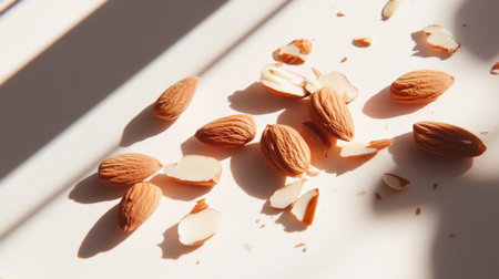 A beautiful arrangement of whole almonds and sliced pieces on a light surface, showcasing the natural textures and colors enhanced by soft natural light and shadow effects.の素材