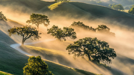 A breathtaking morning scene featuring mist-covered rolling hills adorned with majestic oak trees, capturing the tranquil essence of nature at dawn.の素材