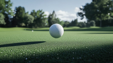 A captivating close-up of a golf ball on lush green grass during sunrise. The scene captures the tranquility of the golf course, perfect for leisure enthusiasts.の素材