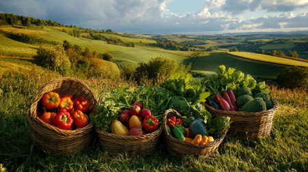 Scenic view featuring vibrant baskets filled with fresh vegetables, set against rolling hills and a dramatic sky, showcasing the beauty of organic farming and nature.の素材