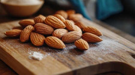 A captivating close-up of raw almonds delicately arranged on a wooden cutting board, sprinkled with flour. This image highlights nutrition, culinary use, and healthy living.の素材