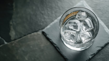 A clear glass filled with refreshing water and ice cubes sits on a sleek slate surface, showcasing simplicity and elegance in beverage photography. Ideal for all uses.の素材