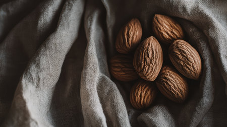 A stunning close-up of raw almonds on soft linen fabric, showcasing their rich textures and natural colors, perfect for use in culinary and healthy lifestyle themes.の素材